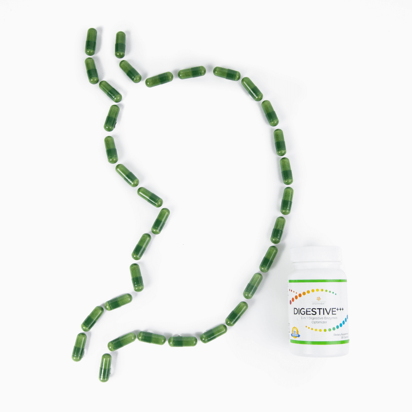 digestive pills and bottle, white background